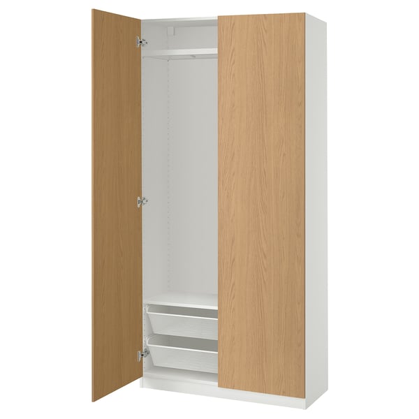 PAX / STORKLINTA wardrobe combination, white/oak effect, 100x38x201 cm