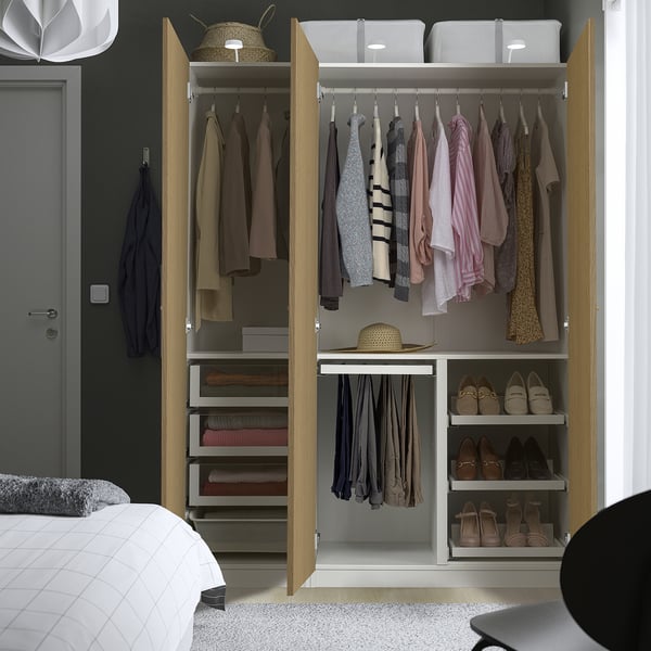 PAX / STORKLINTA wardrobe combination, white/oak effect, 150x60x201 cm