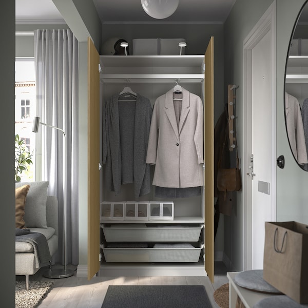 PAX / STORKLINTA wardrobe combination, white/oak effect, 100x38x201 cm