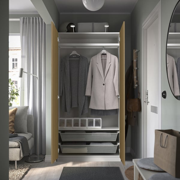 PAX / STORKLINTA wardrobe combination, white/oak effect, 100x38x201 cm