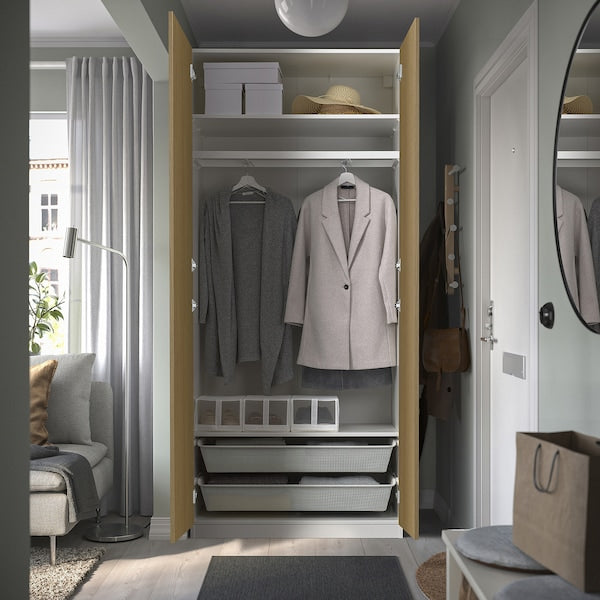 PAX / STORKLINTA wardrobe combination, white/oak effect, 100x38x236 cm