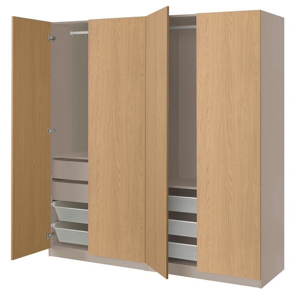 PAX / STORKLINTA wardrobe combination, grey-beige/oak effect, 200x66x201 cm
