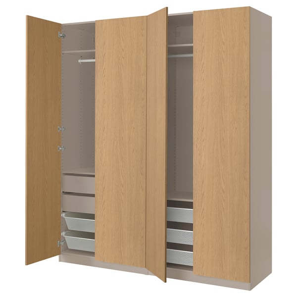 PAX / STORKLINTA wardrobe combination, grey-beige/oak effect, 200x66x236 cm