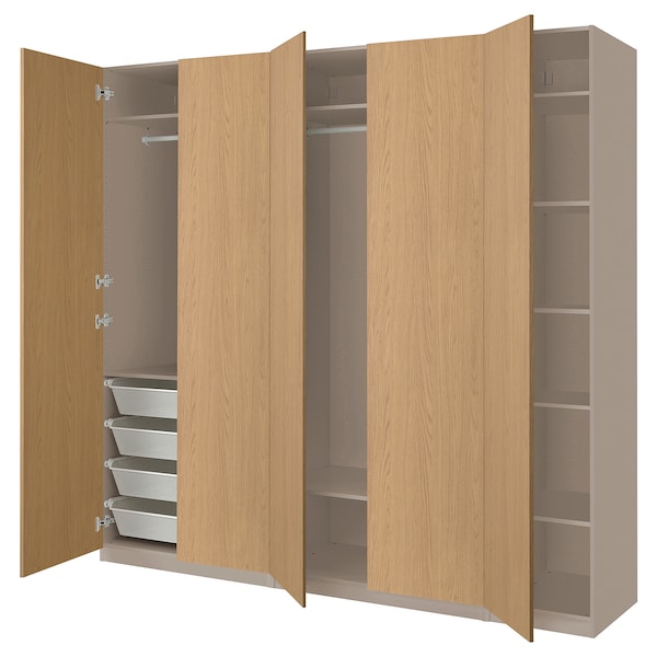 PAX / STORKLINTA - Wardrobe combination, grey-beige/oak effect, 250x60x236 cm