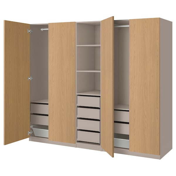 PAX / STORKLINTA - Wardrobe combination, grey-beige/oak effect, 250x58x201 cm