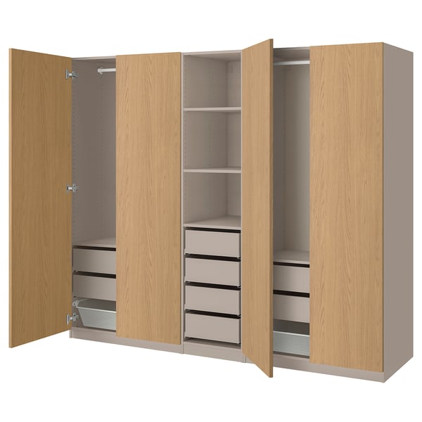 PAX / STORKLINTA wardrobe combination, grey-beige/oak effect, 250x58x201 cm