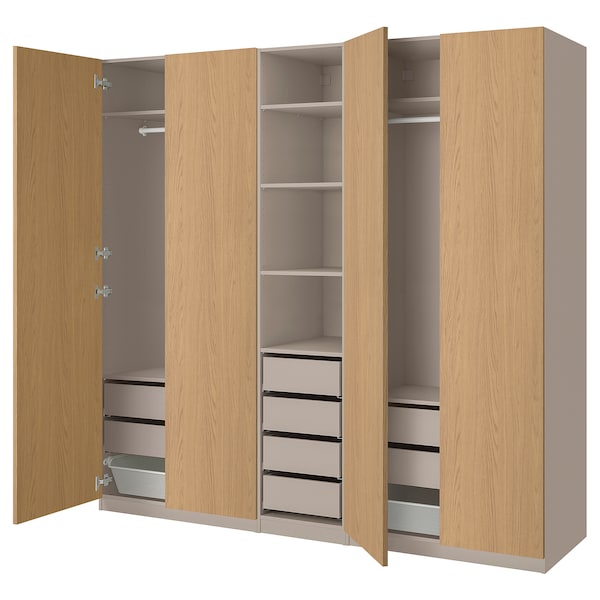 PAX / STORKLINTA - Wardrobe combination, grey-beige/oak effect, 250x58x236 cm