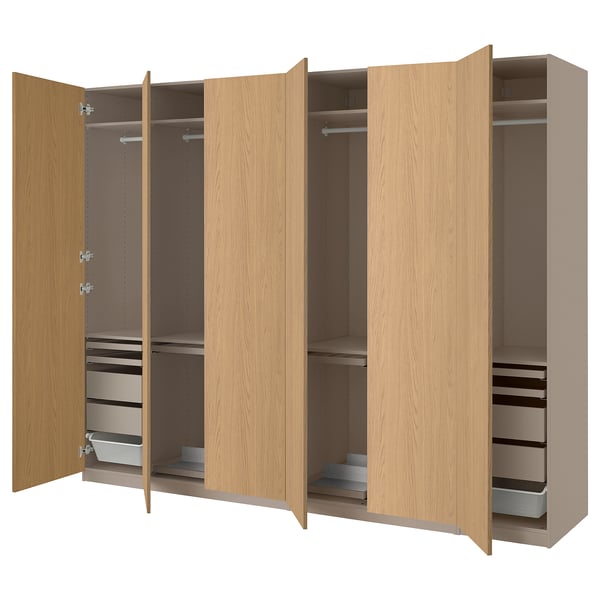 PAX / STORKLINTA wardrobe combination, grey-beige/oak effect, 300x60x236 cm
