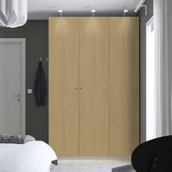 PAX / STORKLINTA wardrobe combination, grey-beige/oak effect, 150x60x236 cm