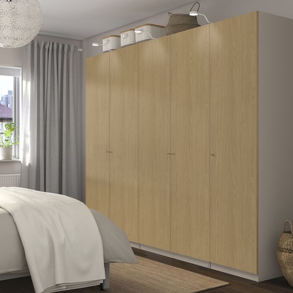 PAX / STORKLINTA wardrobe combination, grey-beige/oak effect, 250x60x201 cm