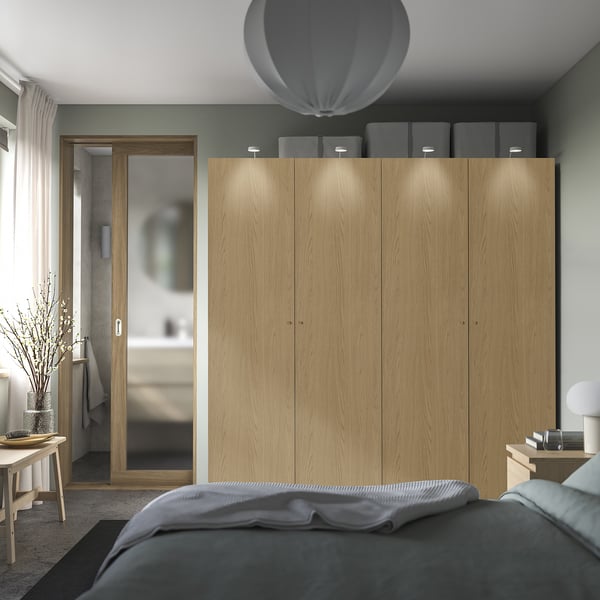 PAX / STORKLINTA wardrobe combination, grey-beige/oak effect, 200x66x201 cm