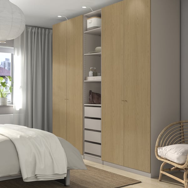 PAX / STORKLINTA wardrobe combination, grey-beige/oak effect, 250x58x236 cm