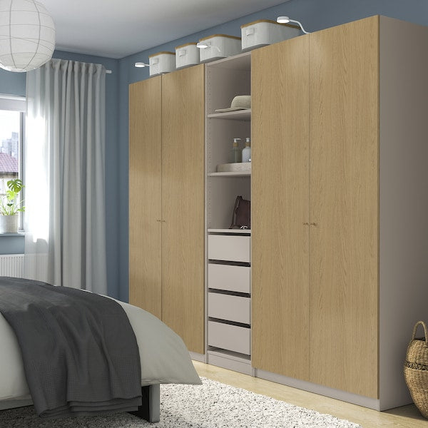 PAX / STORKLINTA - Wardrobe combination, grey-beige/oak effect, 250x58x201 cm