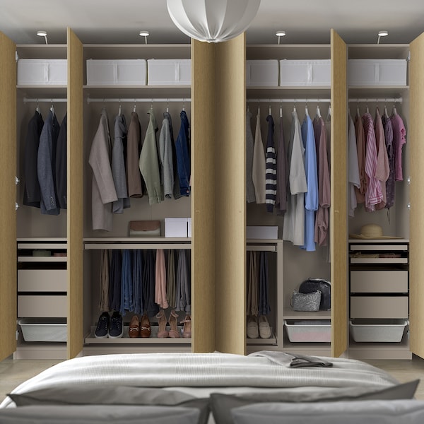 PAX / STORKLINTA - Wardrobe combination, grey-beige/oak effect, 300x60x236 cm