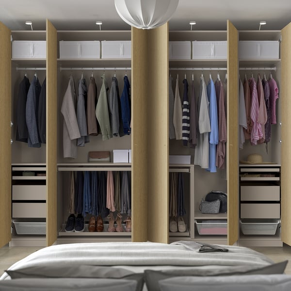 PAX / STORKLINTA wardrobe combination, grey-beige/oak effect, 300x60x236 cm
