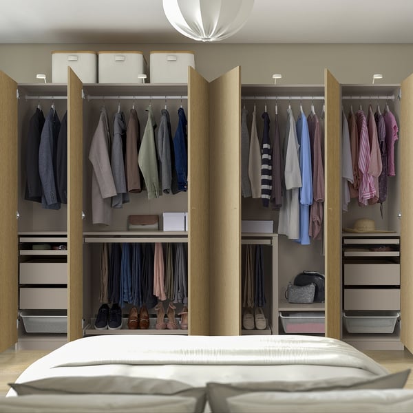 PAX / STORKLINTA wardrobe combination, grey-beige/oak effect, 300x60x201 cm