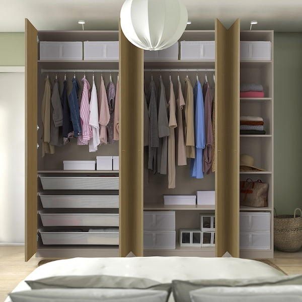 PAX / STORKLINTA - Wardrobe combination, grey-beige/oak effect, 250x60x236 cm