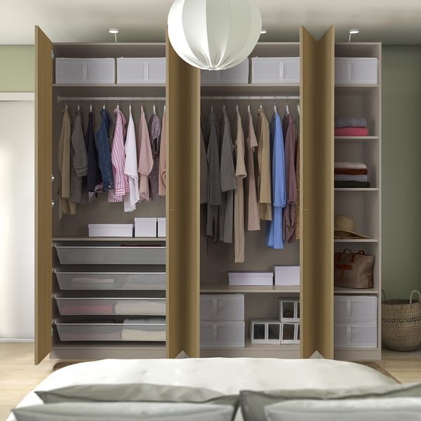 PAX / STORKLINTA - PAX / STORKLINTA Wardrobe combination, grey-beige/oak effect, 250x60x236 cm