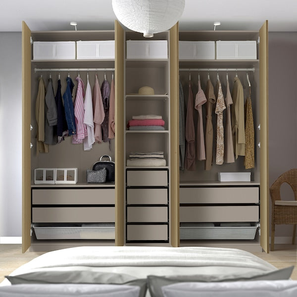 PAX / STORKLINTA - Wardrobe combination, grey-beige/oak effect, 250x58x236 cm