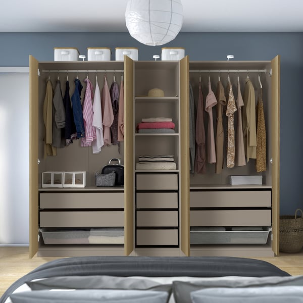 PAX / STORKLINTA - PAX / STORKLINTA Wardrobe combination, grey-beige/oak effect, 250x58x201 cm