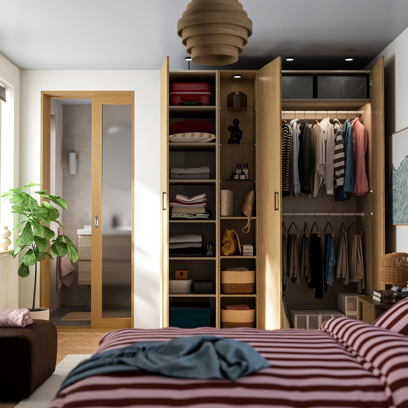 PAX / STORKLINTA wardrobe combination, grey-beige/oak effect, 185x58x236 cm