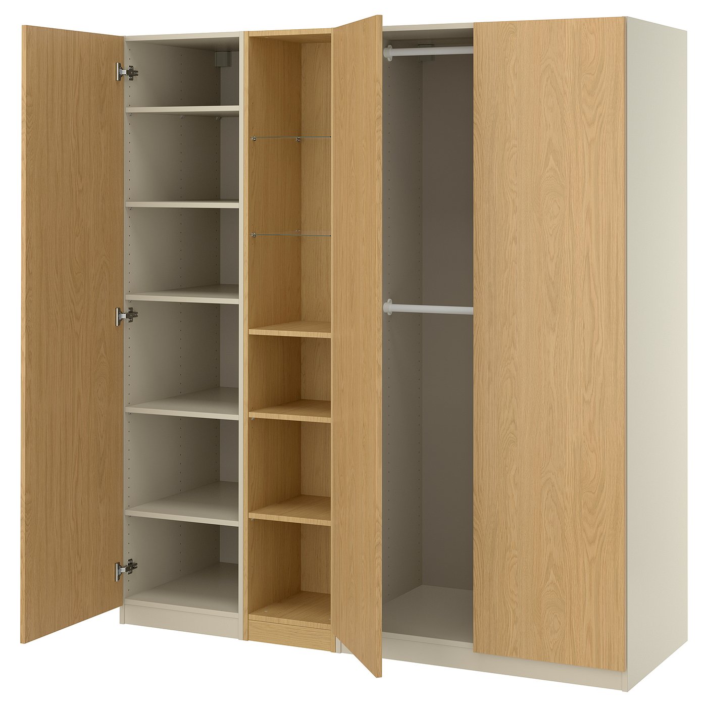 PAX / STORKLINTA wardrobe combination, grey-beige/oak effect, 185x58x201 cm