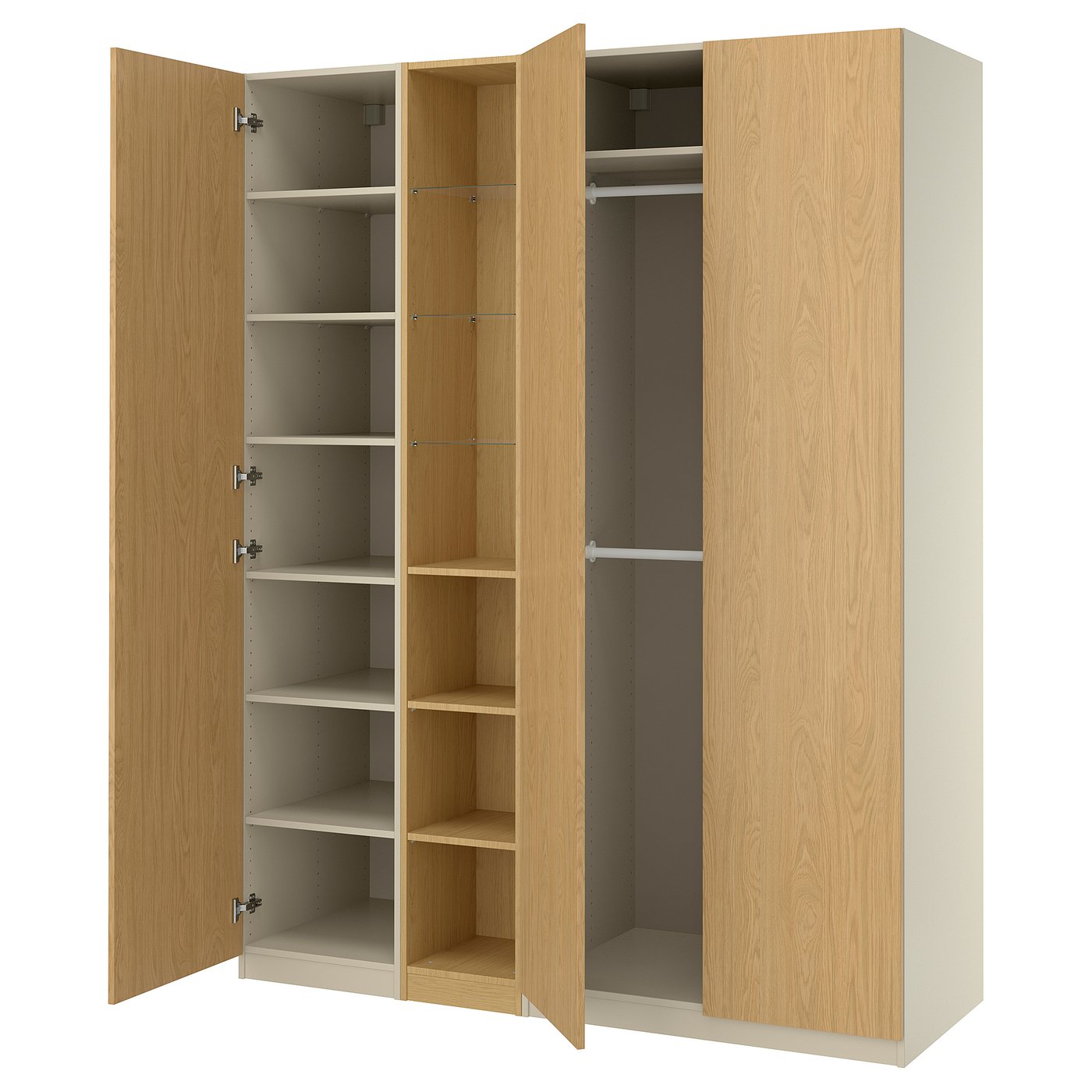 PAX / STORKLINTA wardrobe combination, grey-beige/oak effect, 185x58x236 cm