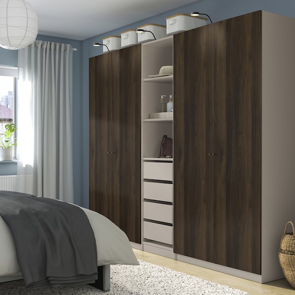 PAX / STORKLINTA - Wardrobe combination, grey-beige/dark brown stained oak effect, 250x58x201 cm