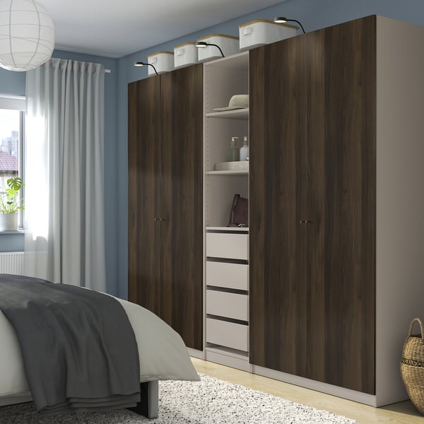 PAX / STORKLINTA - PAX / STORKLINTA Wardrobe combination, grey-beige/dark brown stained oak effect, 250x58x201 cm