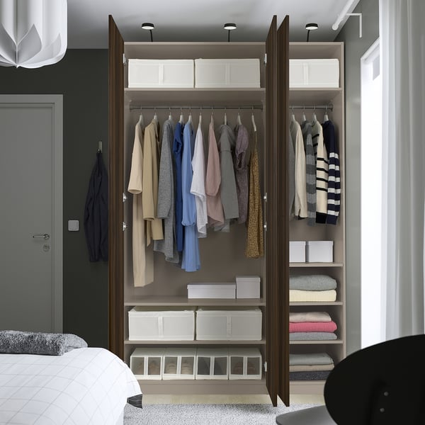 PAX / STORKLINTA wardrobe combination, grey-beige/dark brown stained oak effect, 150x60x236 cm
