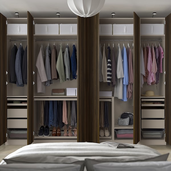 PAX / STORKLINTA - Wardrobe combination, grey-beige/dark brown stained oak effect, 300x60x236 cm