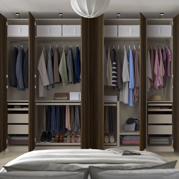 PAX / STORKLINTA - PAX / STORKLINTA Wardrobe combination, grey-beige/dark brown stained oak effect, 300x60x236 cm