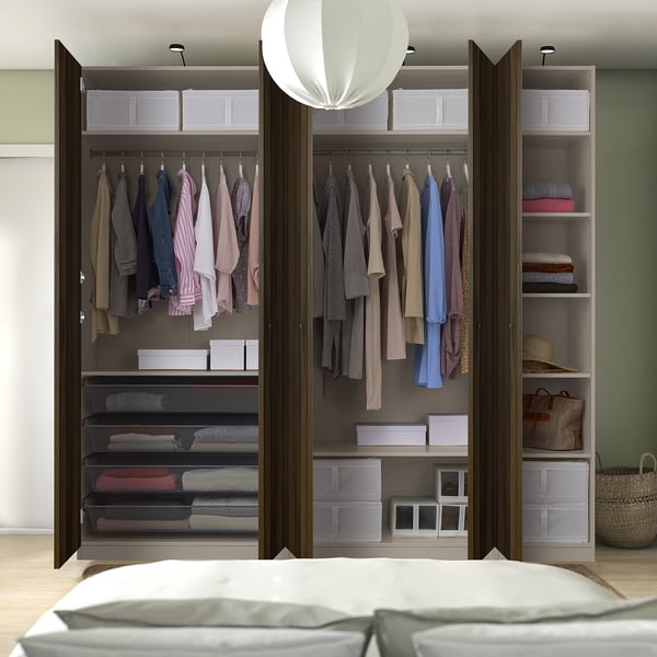 PAX / STORKLINTA - PAX / STORKLINTA Wardrobe combination, grey-beige/dark brown stained oak effect, 250x60x236 cm