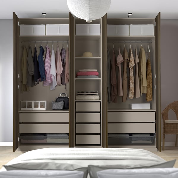 PAX / STORKLINTA wardrobe combination, grey-beige/dark brown stained oak effect, 250x58x236 cm