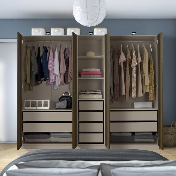 PAX / STORKLINTA - Wardrobe combination, grey-beige/dark brown stained oak effect, 250x58x201 cm