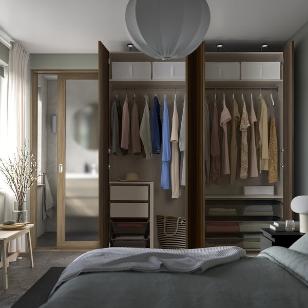 PAX / STORKLINTA - PAX / STORKLINTA Wardrobe combination, grey-beige/dark brown stained oak effect, 200x66x236 cm