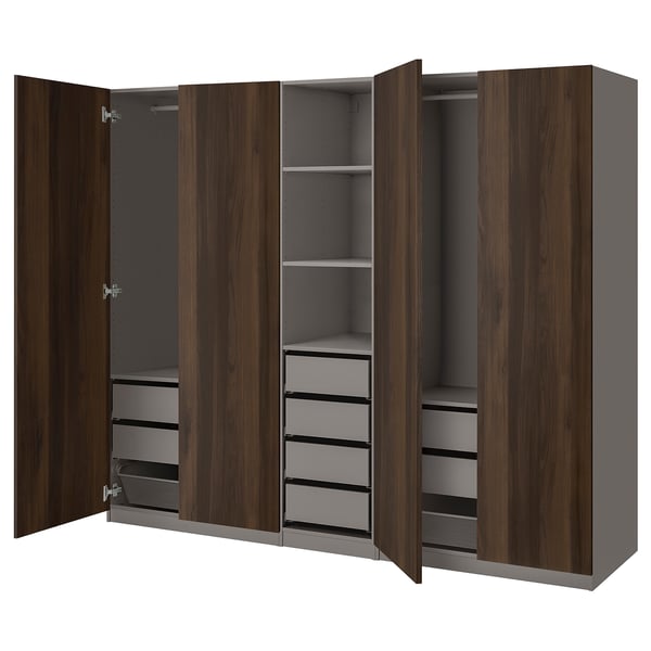 PAX / STORKLINTA - Wardrobe combination, dark grey/dark brown oak effect with stain,250x58x201 cm