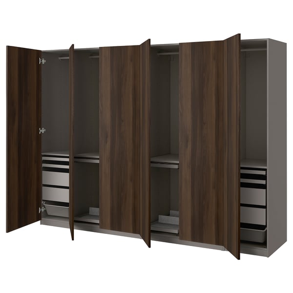 PAX / STORKLINTA - Combinazione di guardaroba, grigio scuro/marrone scuro effetto rovere con mordente,300x60x201 cm