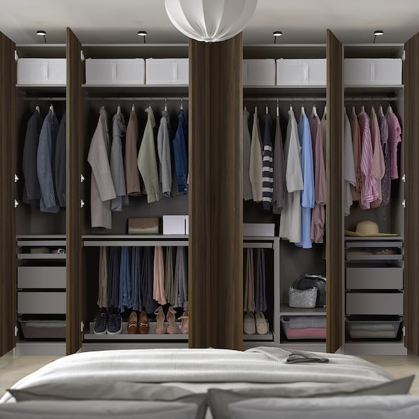 PAX / STORKLINTA - Wardrobe combination, dark grey/dark brown oak effect with stain,300x60x236 cm