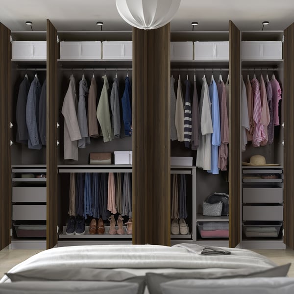PAX / STORKLINTA - Wardrobe combination, dark grey/dark brown oak effect with stain,300x60x236 cm