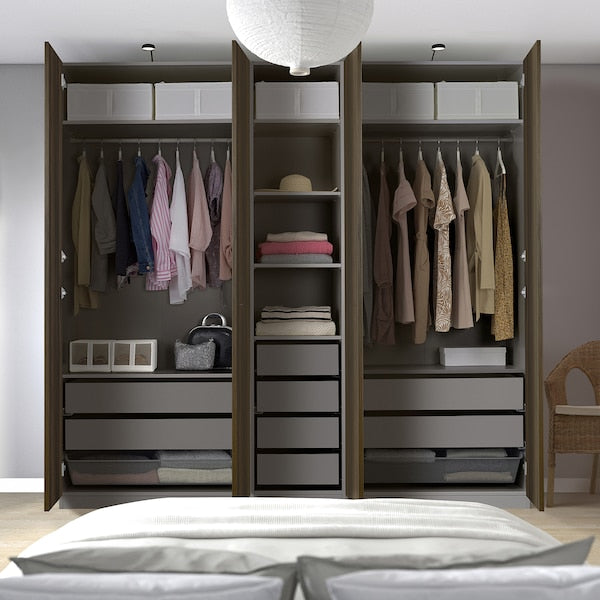 PAX / STORKLINTA - Wardrobe combination, dark grey/dark brown oak effect with stain,250x58x236 cm