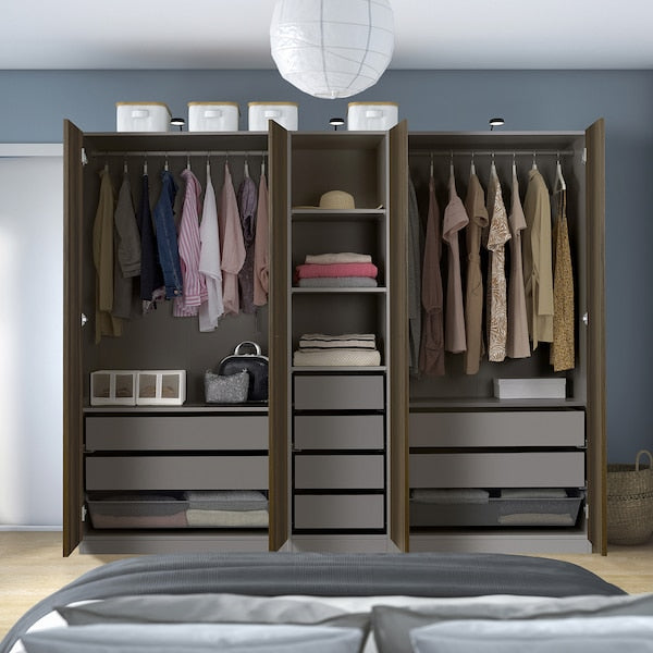 PAX / STORKLINTA - Wardrobe combination, dark grey/dark brown oak effect with stain,250x58x201 cm