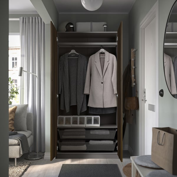 PAX / STORKLINTA - Wardrobe combination, dark gray/dark brown oak effect with stain,100x38x201 cm