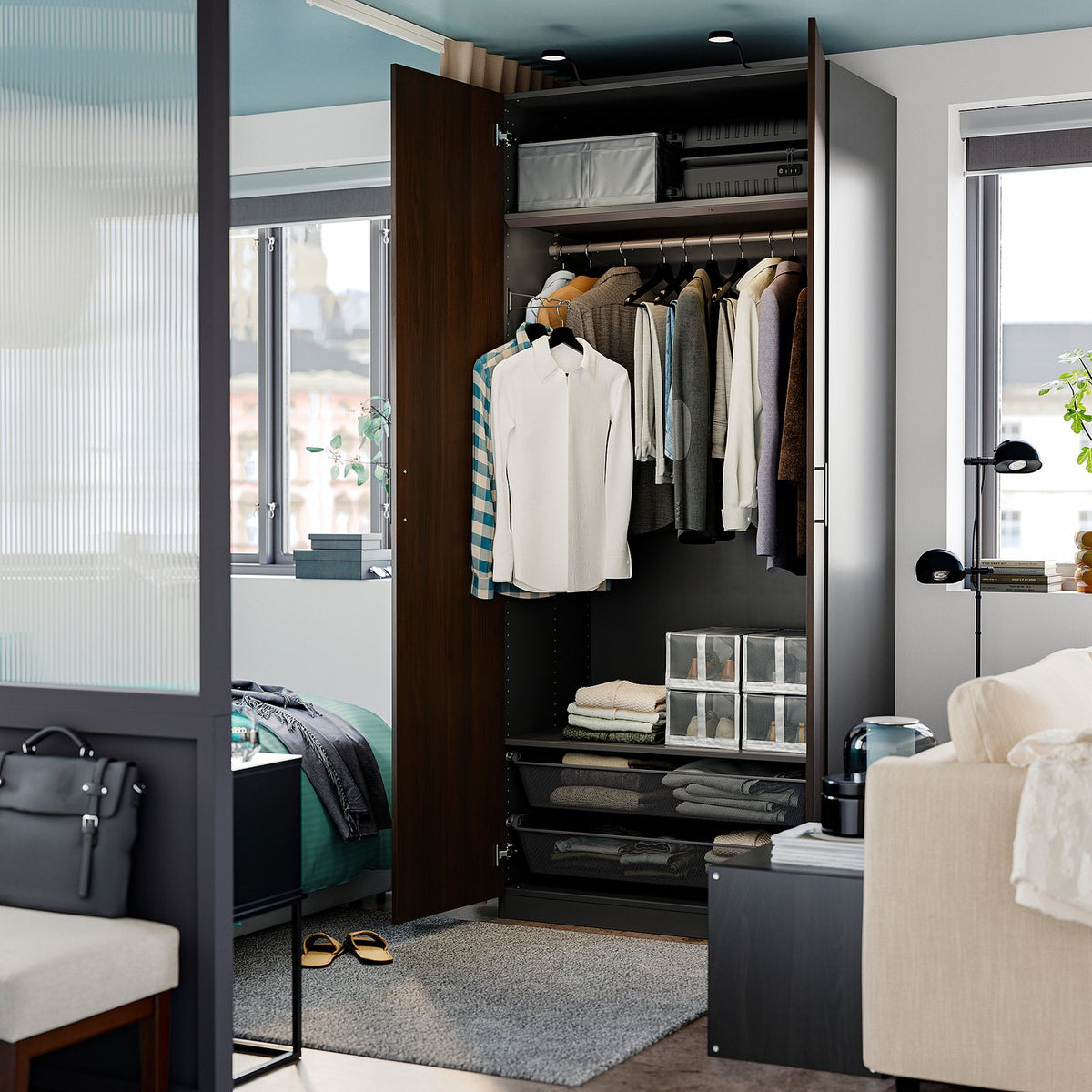 PAX / STORKLINTA wardrobe combination, dark grey/dark brown stained oak effect, 100x60x236 cm