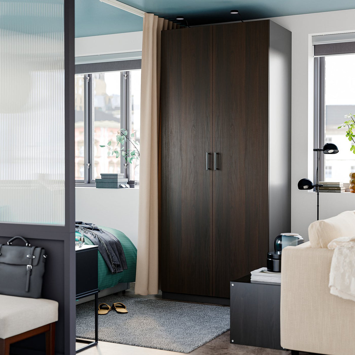 PAX / STORKLINTA wardrobe combination, dark grey/dark brown stained oak effect, 100x60x236 cm
