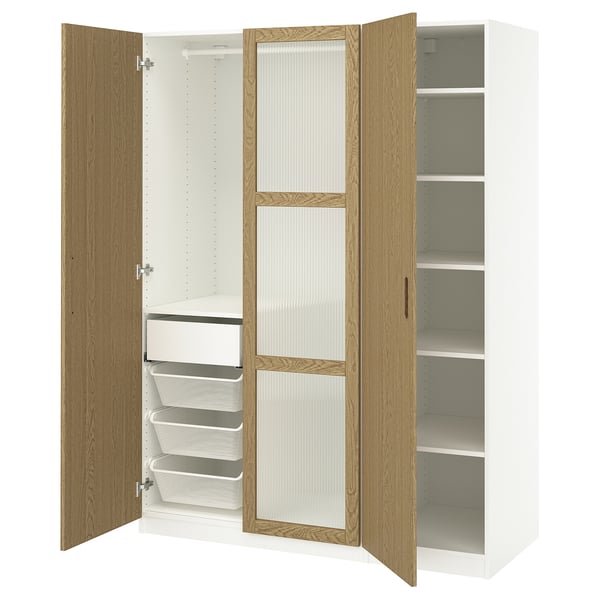 PAX / TONSTAD wardrobe combination, white/oak veneer glass, 150x60x201 cm