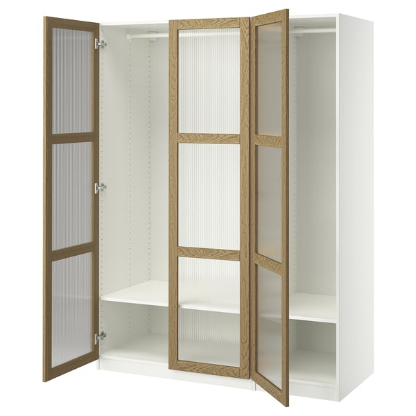PAX / TONSTAD wardrobe combination, white/oak veneer glass, 150x60x201 cm