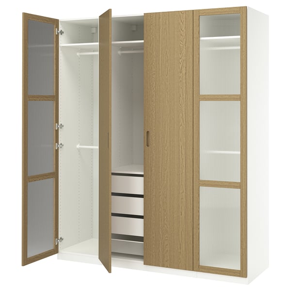 PAX / TONSTAD wardrobe combination, white/oak veneer glass, 200x60x236 cm