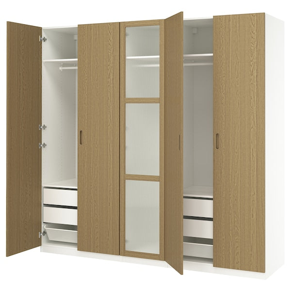 PAX / TONSTAD - Wardrobe combination, white/glass oak veneer,250x60x236 cm