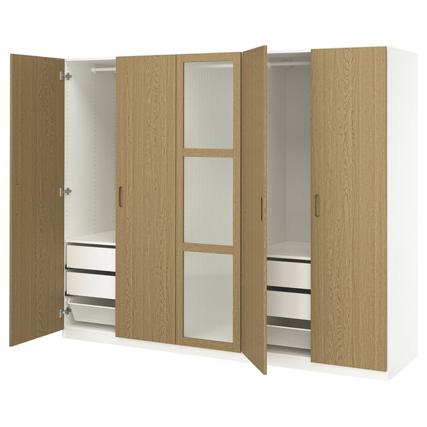 PAX / TONSTAD wardrobe combination, white/oak veneer glass, 250x60x201 cm